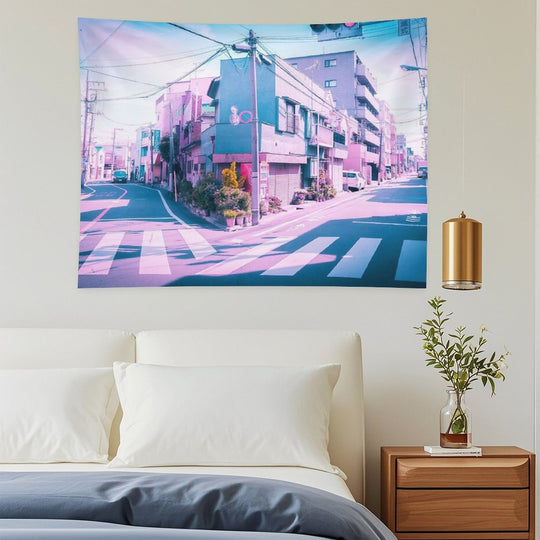 Anime in Real Life Vaporwave Summer Day in Tokyo Residential Area Tapestry