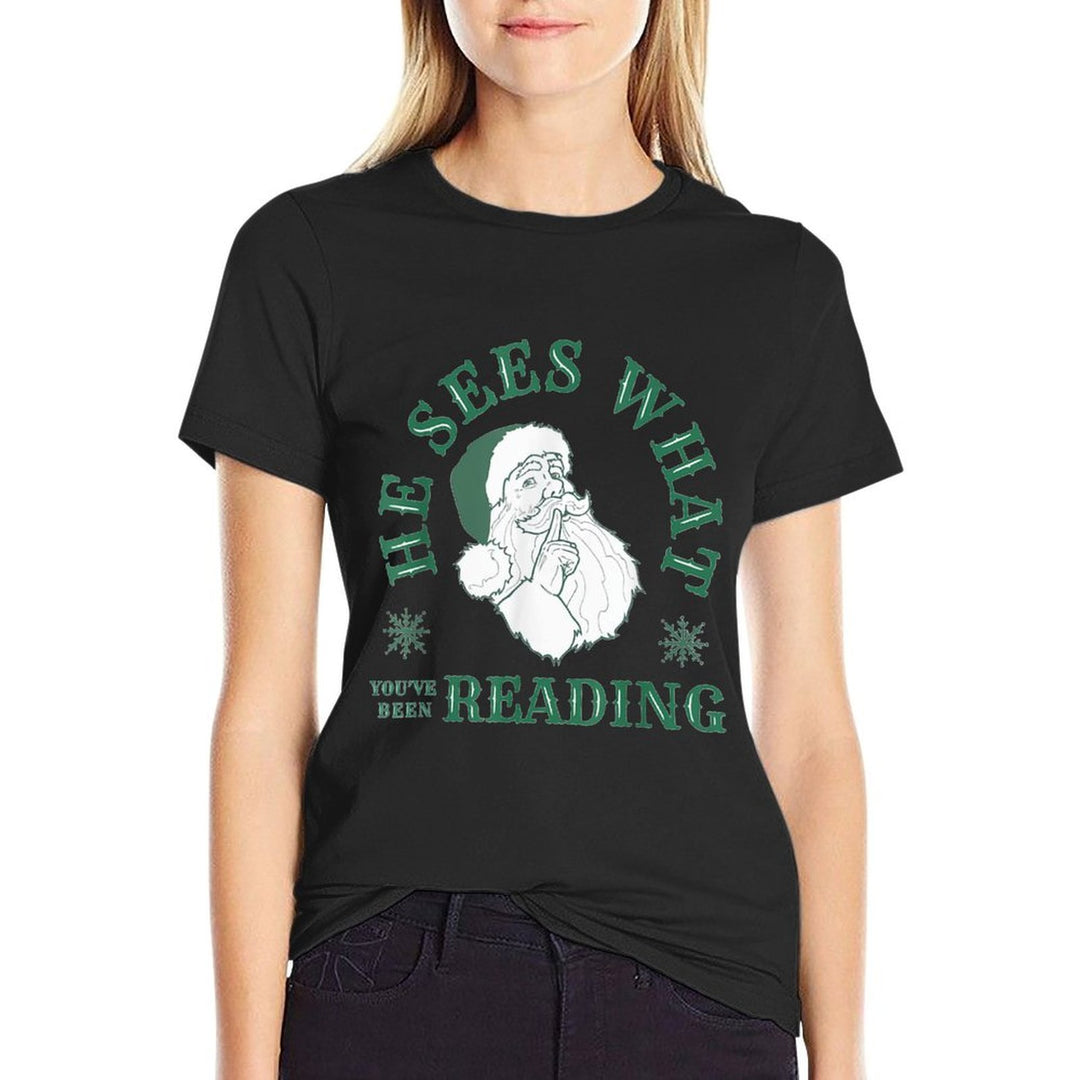 He Sees What Youve Been Reading Funny Bookish Christmas  Rolled Sleeves T-Shirt