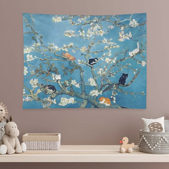 Van Gogh Cute Cats in Almond Blossom Tapestry