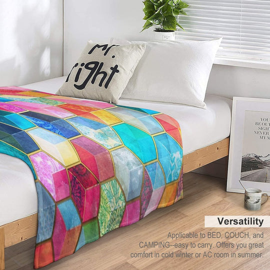 Crystal Bohemian Honeycomb Cubes - Colorful Hexagon Pattern Plush Throw Blanket