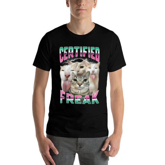 Certified Freak Funny Cat Meme Cursed Silly Staring Cat Men Women Kids  Relaxed-fit T-Shirt