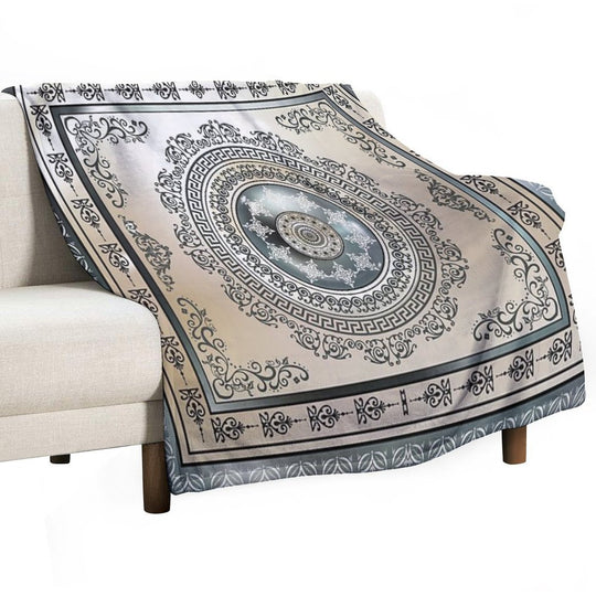 Ornate Greek Key Meander Green And Cream Medallion Machine-washable Throw Blanket