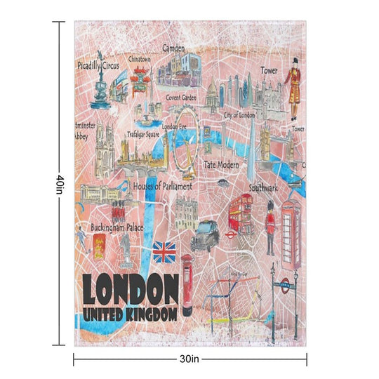 London UK Illustrated Map with Main Roads, Landmarks & Highlights Durable Throw Blanket