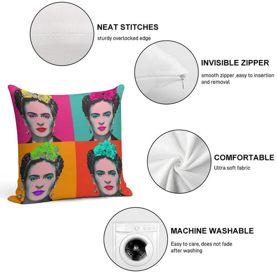Frida Khalo Pop Portrait Like in Andy Warhol Paint! - Colorful - Digital Paint by Iona Art Digital Soft Shrink-Resistant Throw Pillow