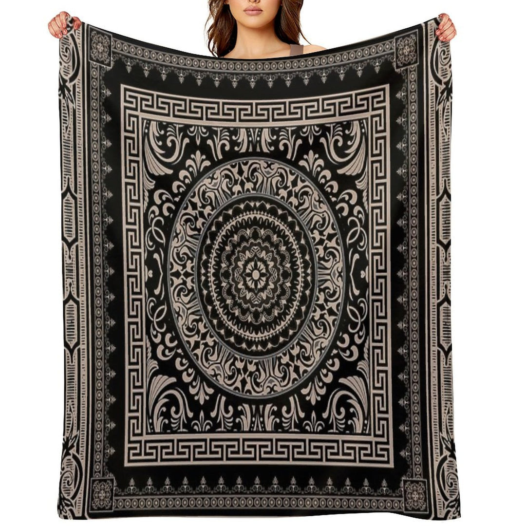 Ornate Baroque Black Khaki Greek Key Sustainable Throw Blanket