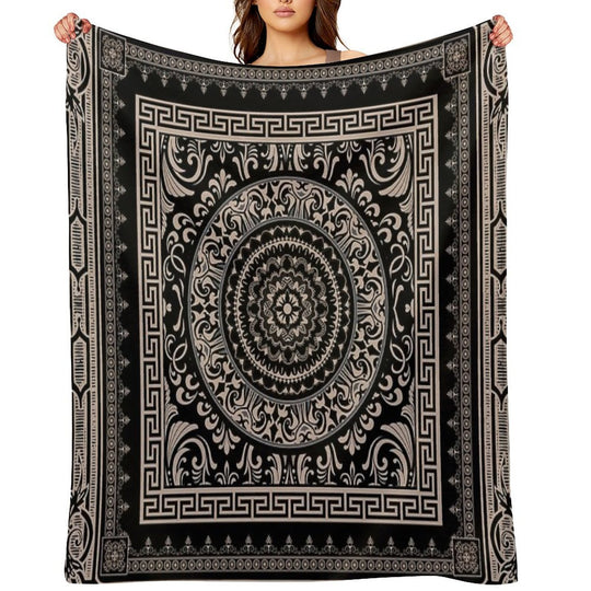 Ornate Baroque Black Khaki Greek Key Sustainable Throw Blanket