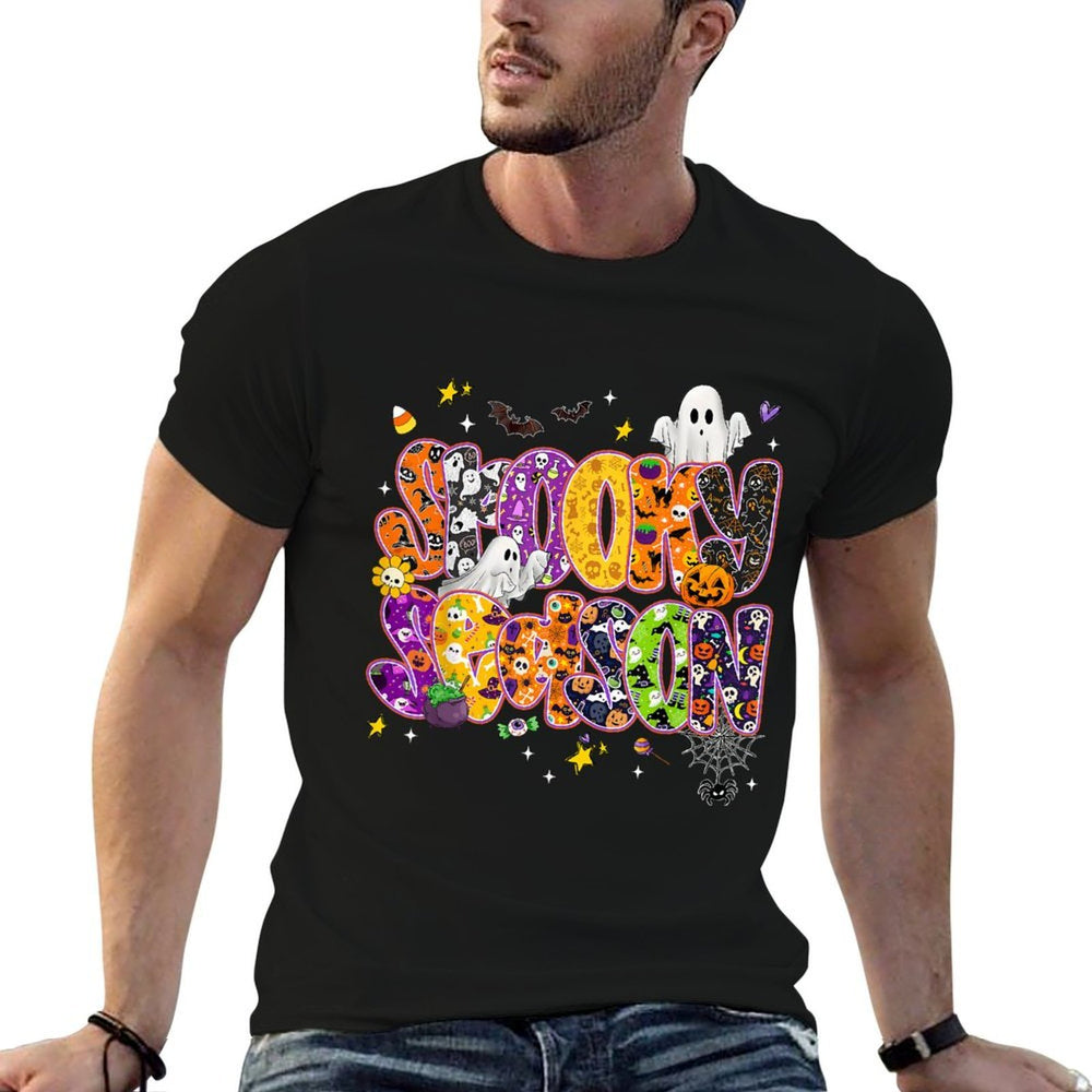 Cute Ghost Groovy Happy Halloween Spooky Season Floral  Rolled Sleeves T-Shirt