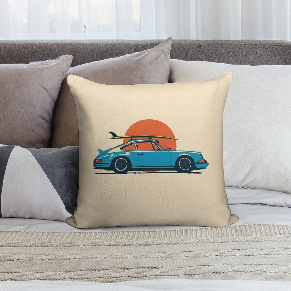 Vintage Blue Porsche 911 964 RS Summer Surfs Up Illustration Soft Durable Construction Throw Pillow