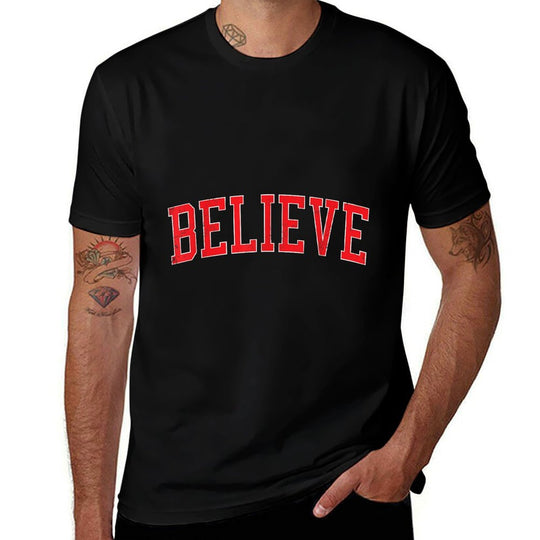 Believe Vintage Distressed Red Varsity Christmas  Graphic-printed T-Shirt