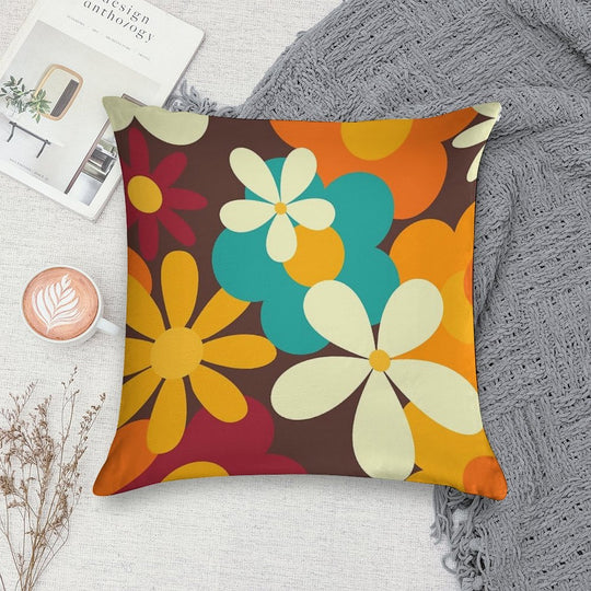 Retro 70s Classic Colors Flower Power Seamless Repeat Pattern Print Soft Durable Construction Throw Pillow