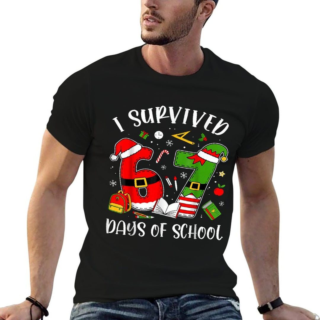 I Survived 67 Days of School Christmas Santa Teacher  Summer-ready Fabric T-Shirt