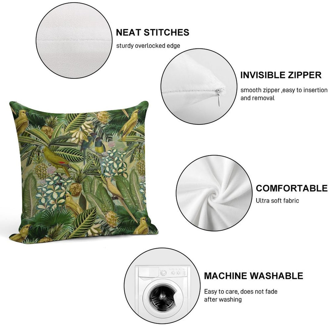 Vintage Green Tropical Bird Jungle Botanical Night Garden Nightgarden Soft Short Plush Fabric Throw Pillow