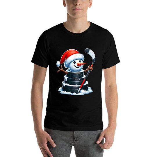 Cartoon Ice Hockey Puck Snowman with Santa Hat Christmas  Affordable Price T-Shirt