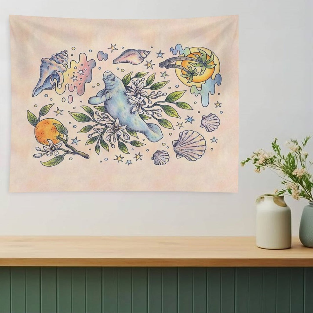Orange Blossom Manatee  Ocean Tropical Art Tapestry
