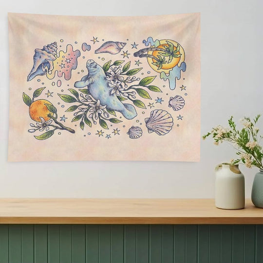 Orange Blossom Manatee  Ocean Tropical Art Tapestry