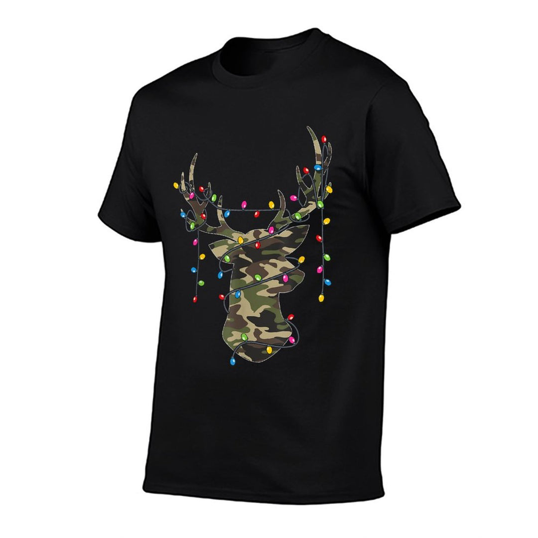 Christmas Holiday Camo Hunting Reindeer Deer Xmas Lights  Ribbed Collar T-Shirt