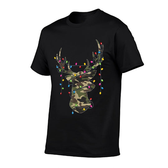 Christmas Holiday Camo Hunting Reindeer Deer Xmas Lights  Ribbed Collar T-Shirt