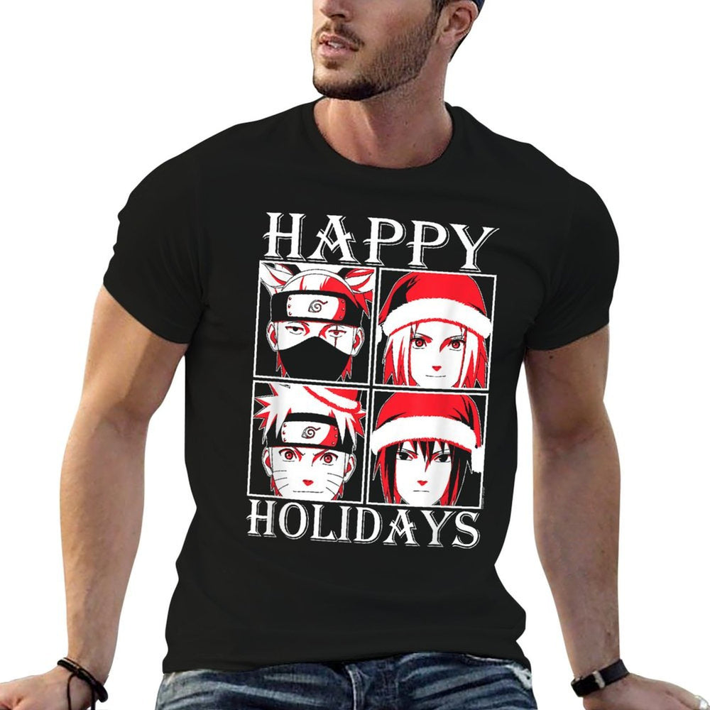 Naruto Shippuden Happy Holidays Characters Anime  Heathered Texture T-Shirt