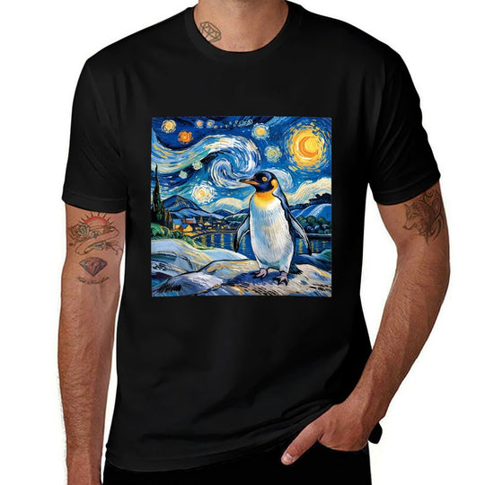 Penguin Starry Night Funny Penguin Art Van Gogh Style  Heathered Texture T-Shirt