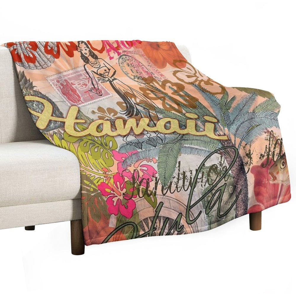 Vintage Hawaii Travel Colorful Hawaiian Tropical Collage Gift-ready Throw Blanket