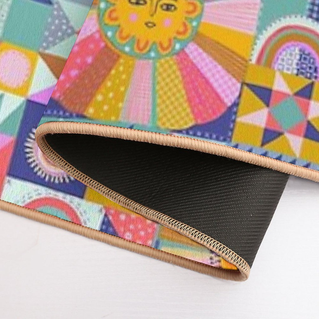 Sunny Patchwork with Aqua Blue  Long-Lasting Bath Mat