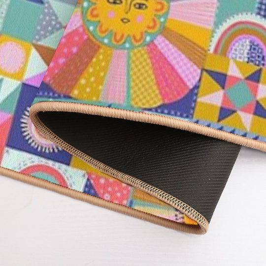 Sunny Patchwork with Aqua Blue  Long-Lasting Bath Mat