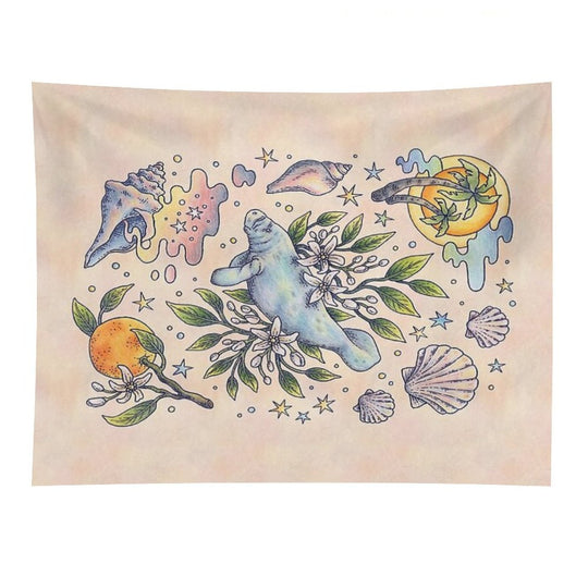 Orange Blossom Manatee  Ocean Tropical Art Tapestry