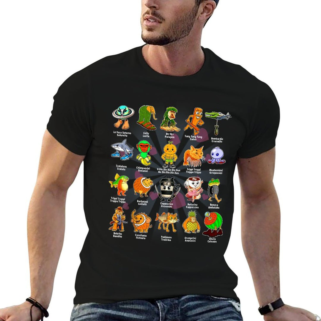 Types of Italian Brainrot Meme Character Hand Drawn for Kids  Trendy Pattern T-Shirt