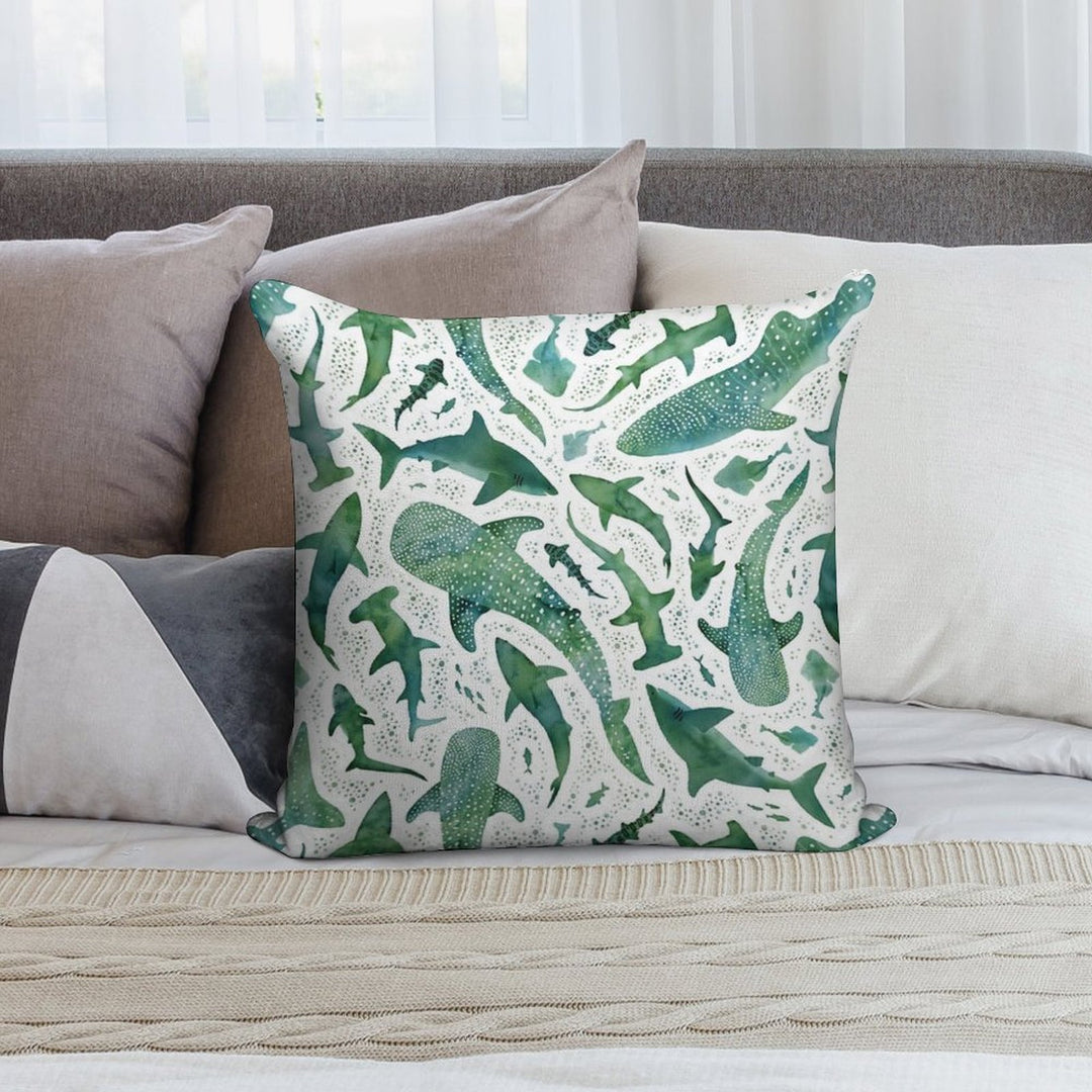 Monochrome Green Watercolour Shark Ocean on White Soft Fade-Resistant Throw Pillow