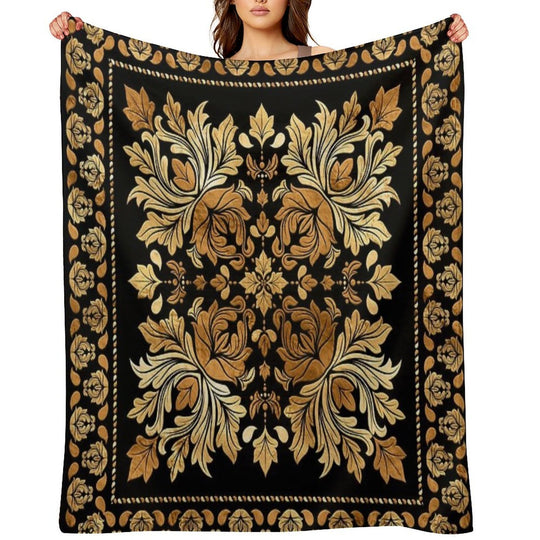 Oriental Vintage Damask Ornament - Black And Gold All-season Throw Blanket