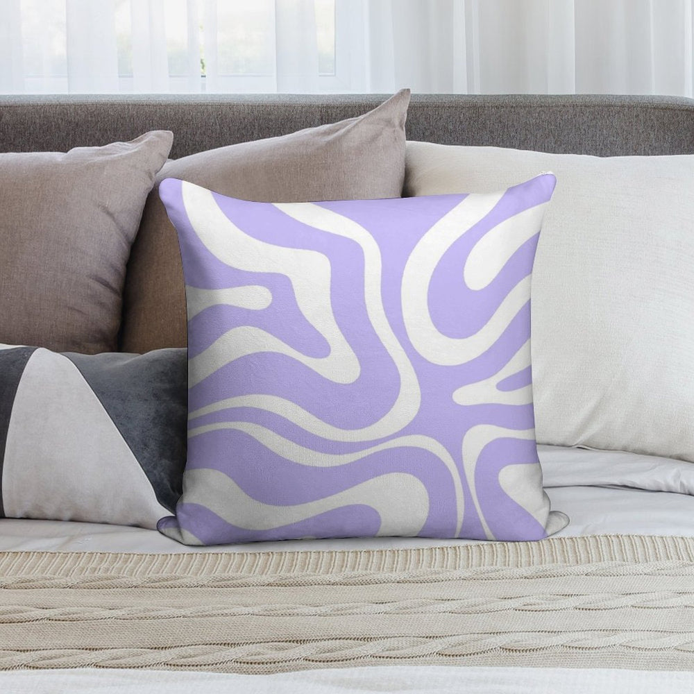 Retro Modern Liquid Swirl Abstract Pattern Square in Light Purple And White Soft Short Plush Fabric Throw Pillow