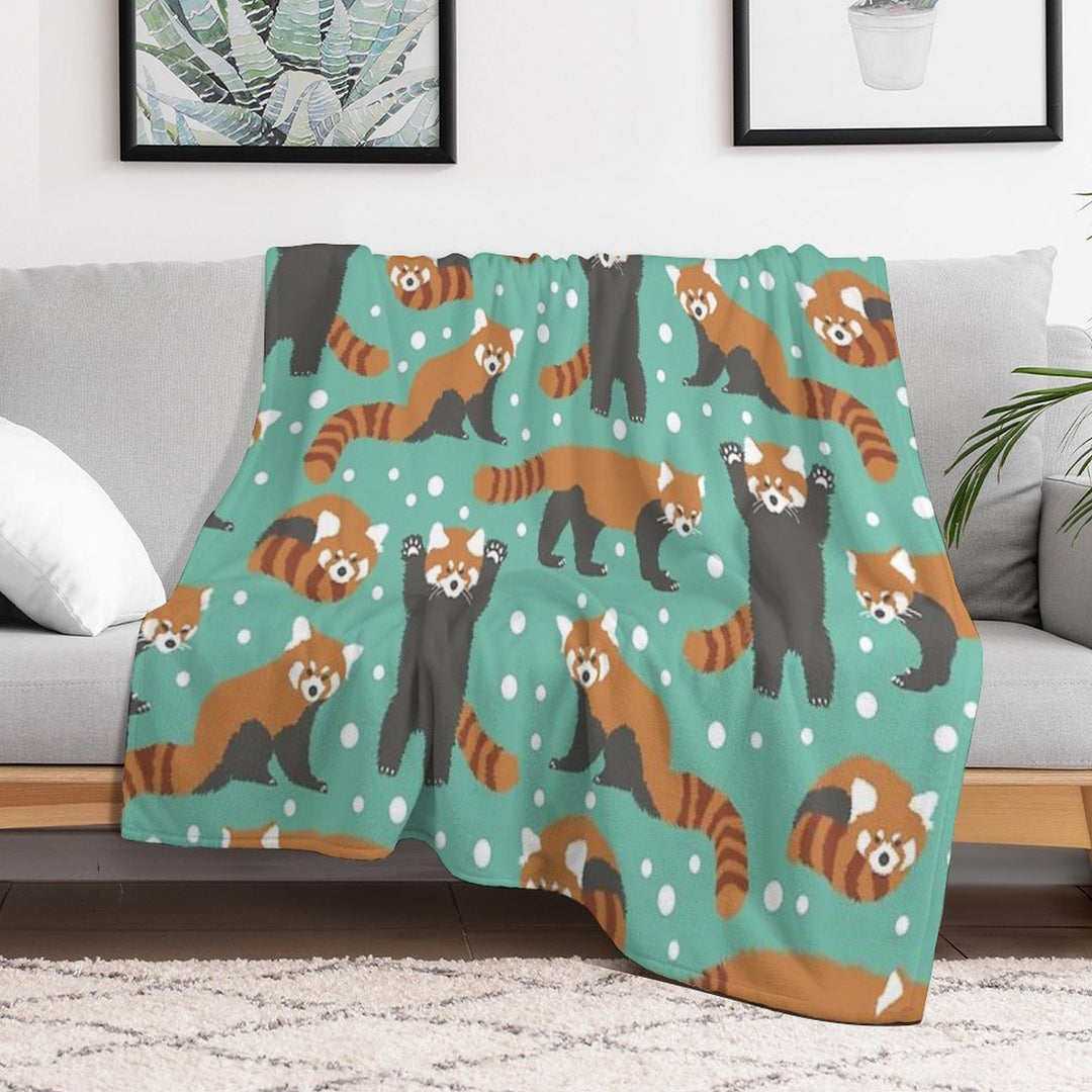 Cute Red Panda Pattern with White Dots And Turquoise Background Premium Throw Blanket