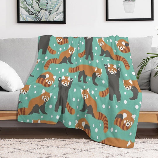 Cute Red Panda Pattern with White Dots And Turquoise Background Premium Throw Blanket