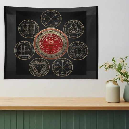 Gold Seal of Solomon over Seven Pentacles of Saturn on Black Canvas Tapestry