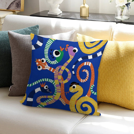 Cute Crazy Snakes Electric Blue Soft Short Plush Fabric Throw Pillow
