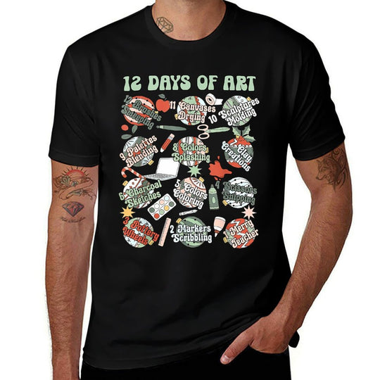 12 Days of Art Teacher Christmas Artists Painter Educational  High-quality Stitching T-Shirt