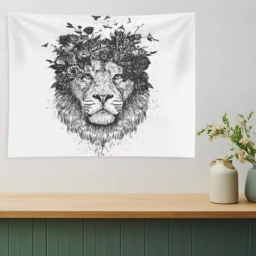 Floral Lion (bw) Tapestry