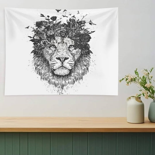 Floral Lion (bw) Tapestry