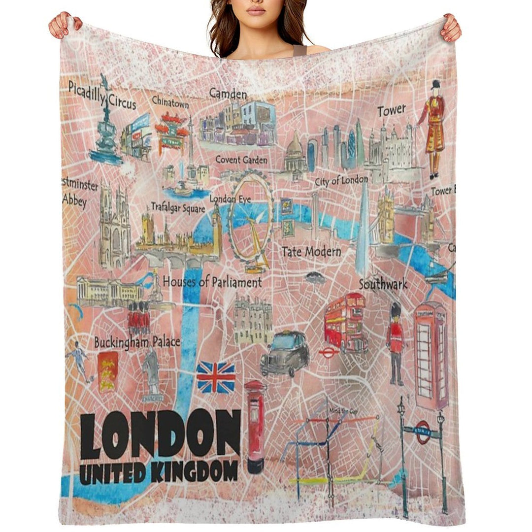 London UK Illustrated Map with Main Roads, Landmarks & Highlights Durable Throw Blanket