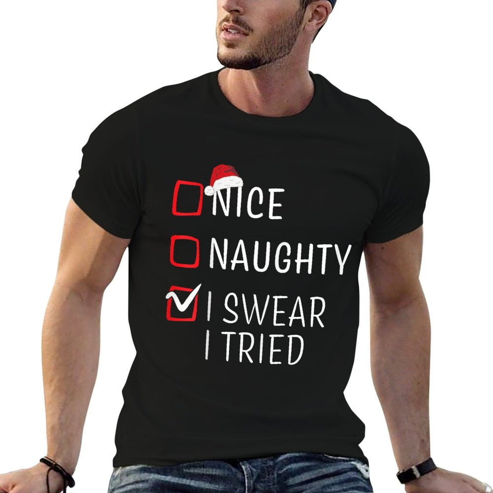 Funny Naughty Nice Christmas Family Pajama Men Women Kids  Fade-proof Color T-Shirt