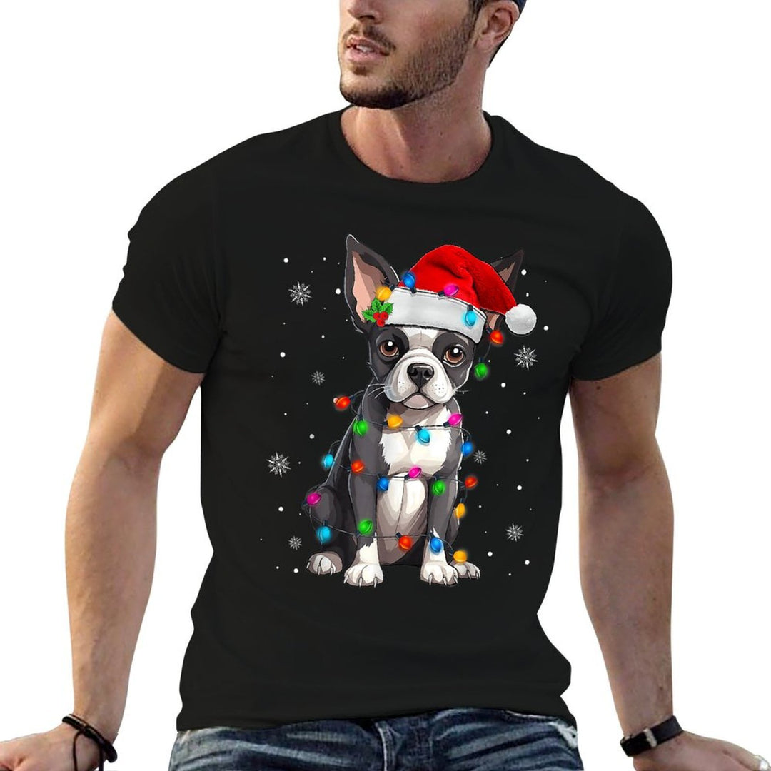 Boston Terrier Christmas Santa Hat Tree Lights Pajama  Wrinkle-resistant T-Shirt