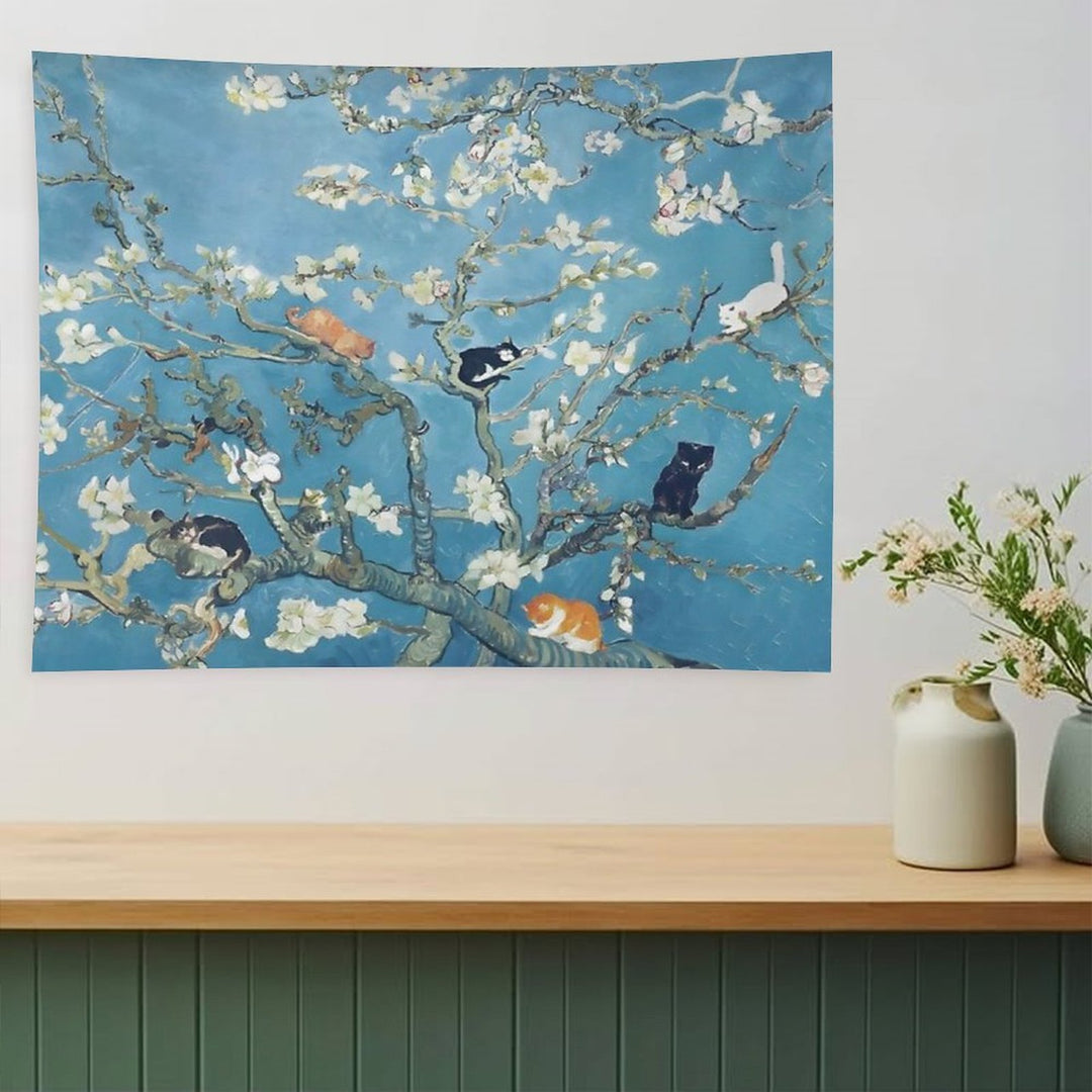 Van Gogh Cute Cats in Almond Blossom Tapestry