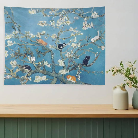 Van Gogh Cute Cats in Almond Blossom Tapestry