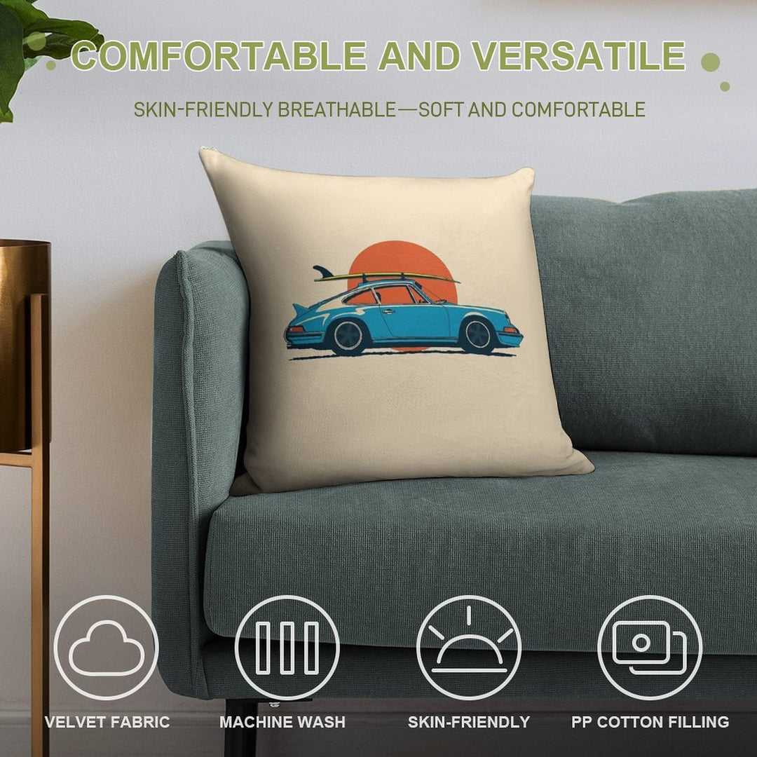 Vintage Blue Porsche 911 964 RS Summer Surfs Up Illustration Soft Durable Construction Throw Pillow
