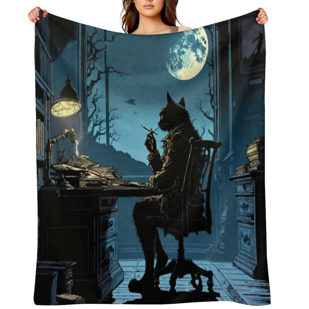 A Cat with A Cigarette in His Office in Front of The Moon Sustainable Throw Blanket