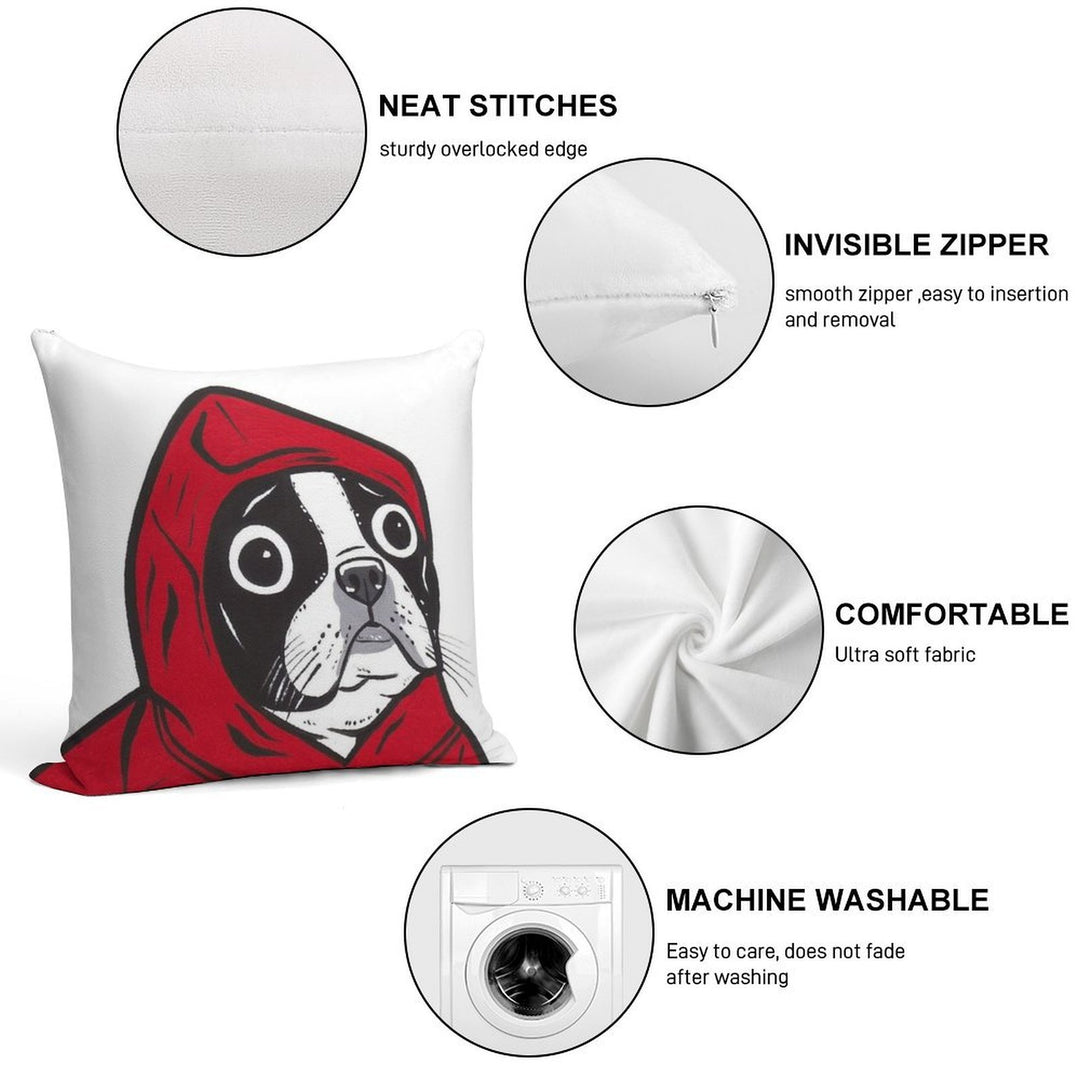 Boston Terrier in A Red Hoodie Soft Anti-Pilling Throw Pillow