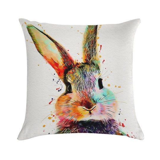 Rabbit Watercolor Art Work Soft Short Plush Fabric Throw Pillow