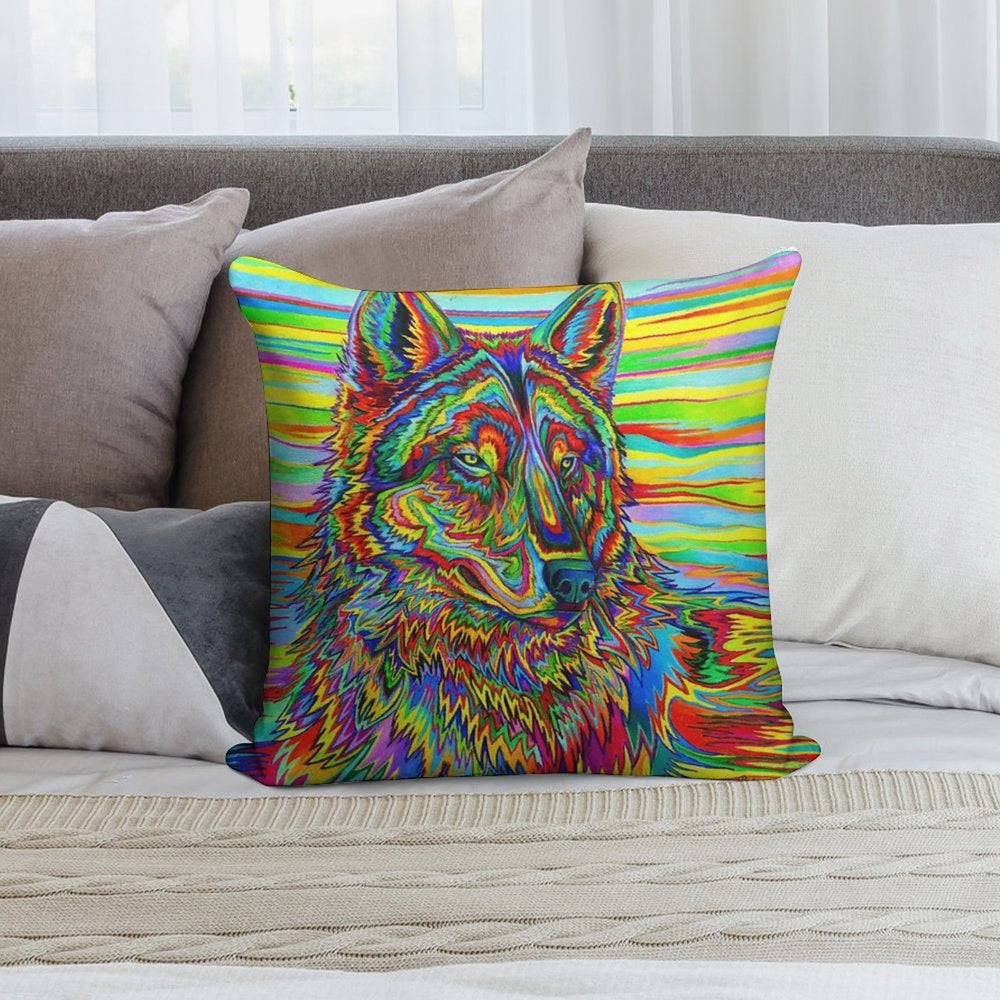 Colorful Psychedelic Rainbow Trippy Wolf Soft Decorative Cover Throw Pillow