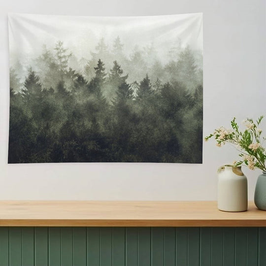 The Heart Of My Heart  Green Mountain Romantasy Moody Wilderness Dream Forest With Cascadia Trees Covered In Magic Fog Tapestry