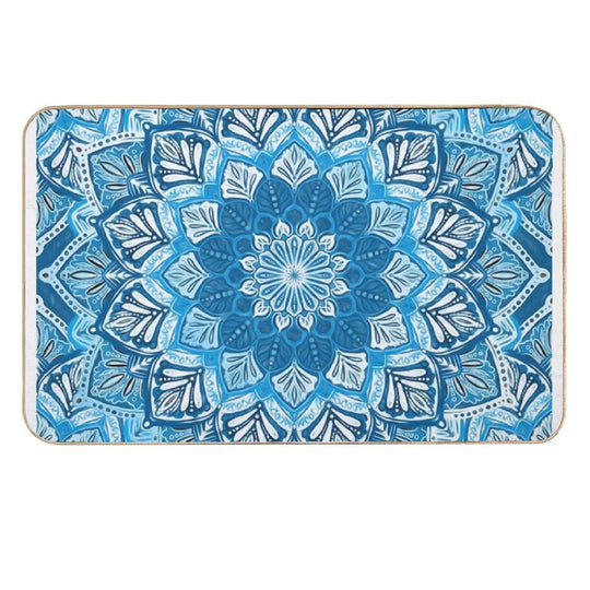 Boho Mandala in Monochrome Blue And White  Easy To Clean Bath Mat